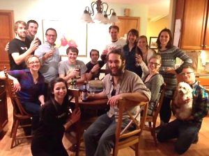 Blending the Seven Fs: the friends of Benjamin Paul Batz gathered in our kitchen to celebrate is Outward Bound job in the Florida Everglades. Ben is far upper left.
