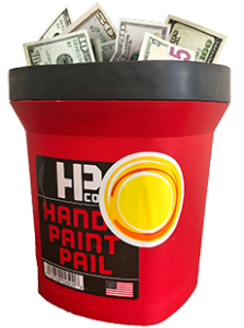 Red and black Handy Paint Pail with dollar bills in it and a Good Leadership sticker