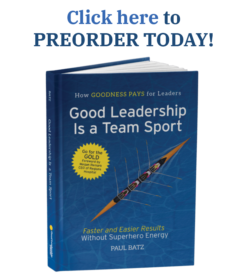 Text saying Preorder Good Leadership is a Team Sport, displaying blue book cover