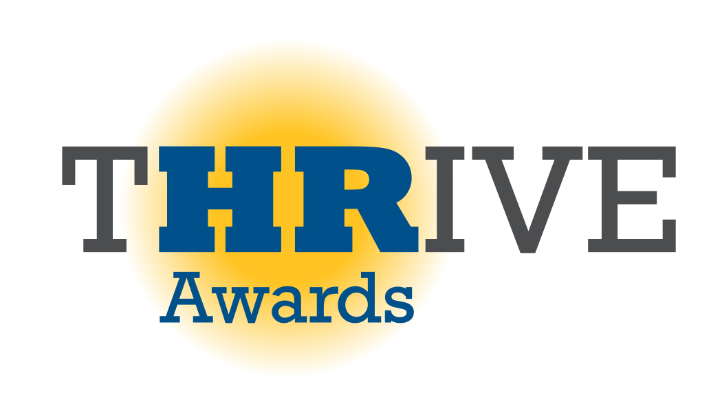 Blue THRIVE Awards logo over yellow sunburst